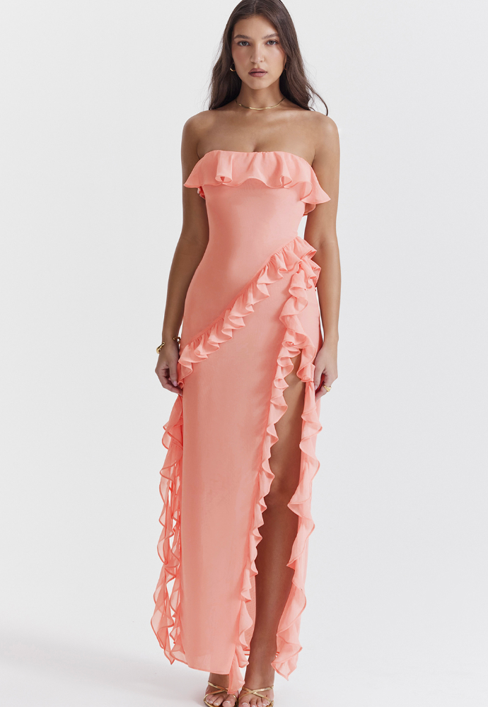House of CB Sarina Apricot Ruffle Dress - Dress Rental NZ
