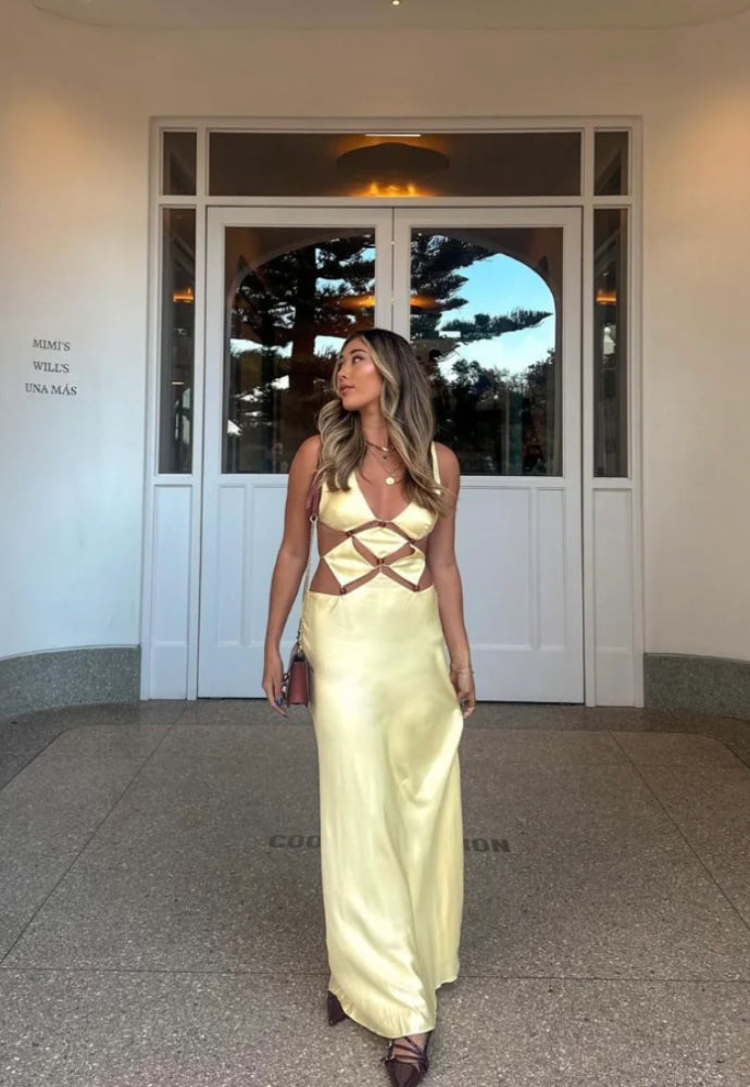 Agathe Diamond Cut-out Yellow Dress Sz 8 Dress Rental NZ Agathe Diamond Cut-out Yellow Dress Sz 8 Dress Rental NZ