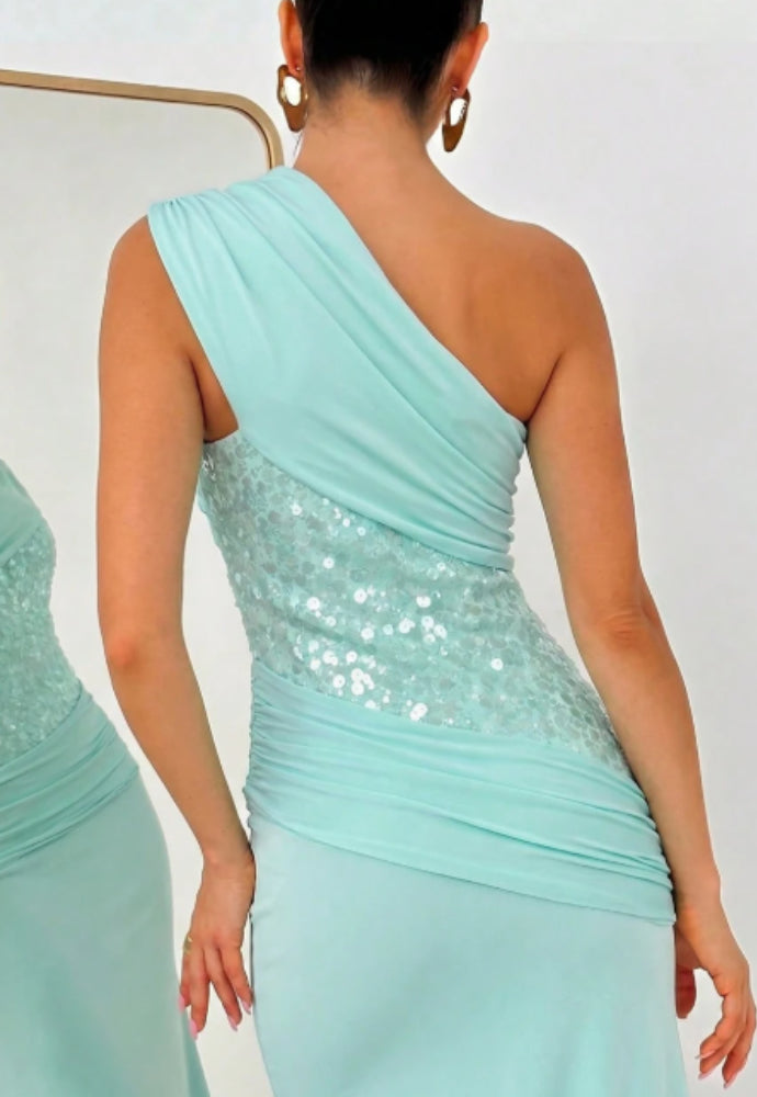 Aqua Sequin One Shoulder Dress Sz M