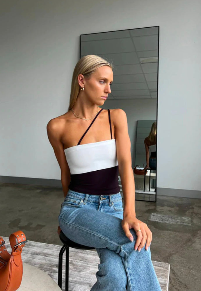 With Harper Lu Asym Tank ivory/plum sz xs/s - Dress Rental NZ