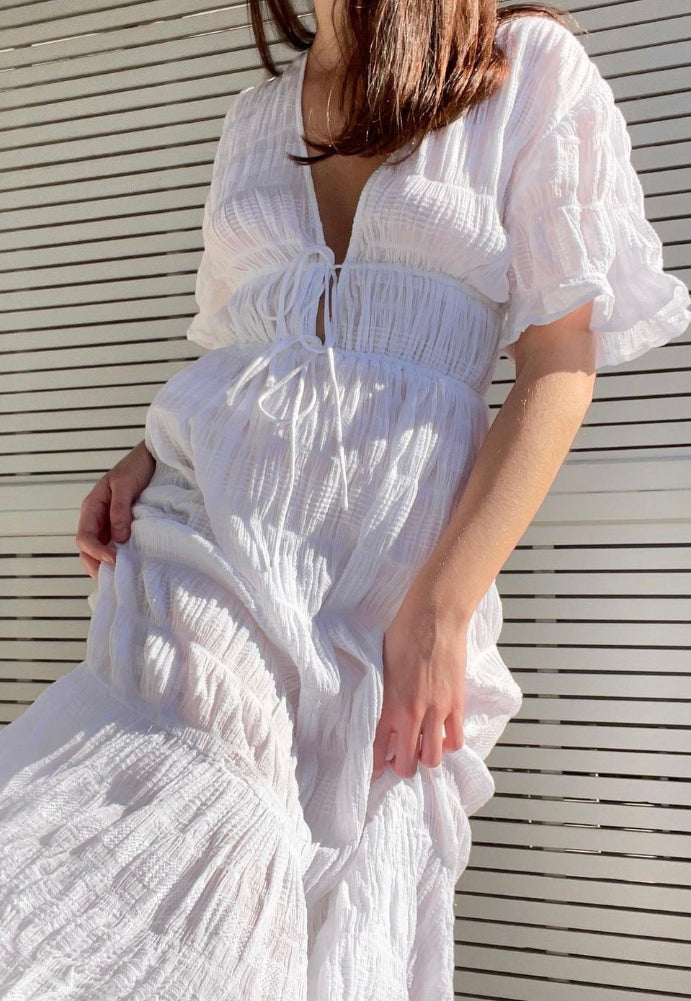 Ruby Mirella V-neck White Dress Sz 8 - Dress Rental NZ