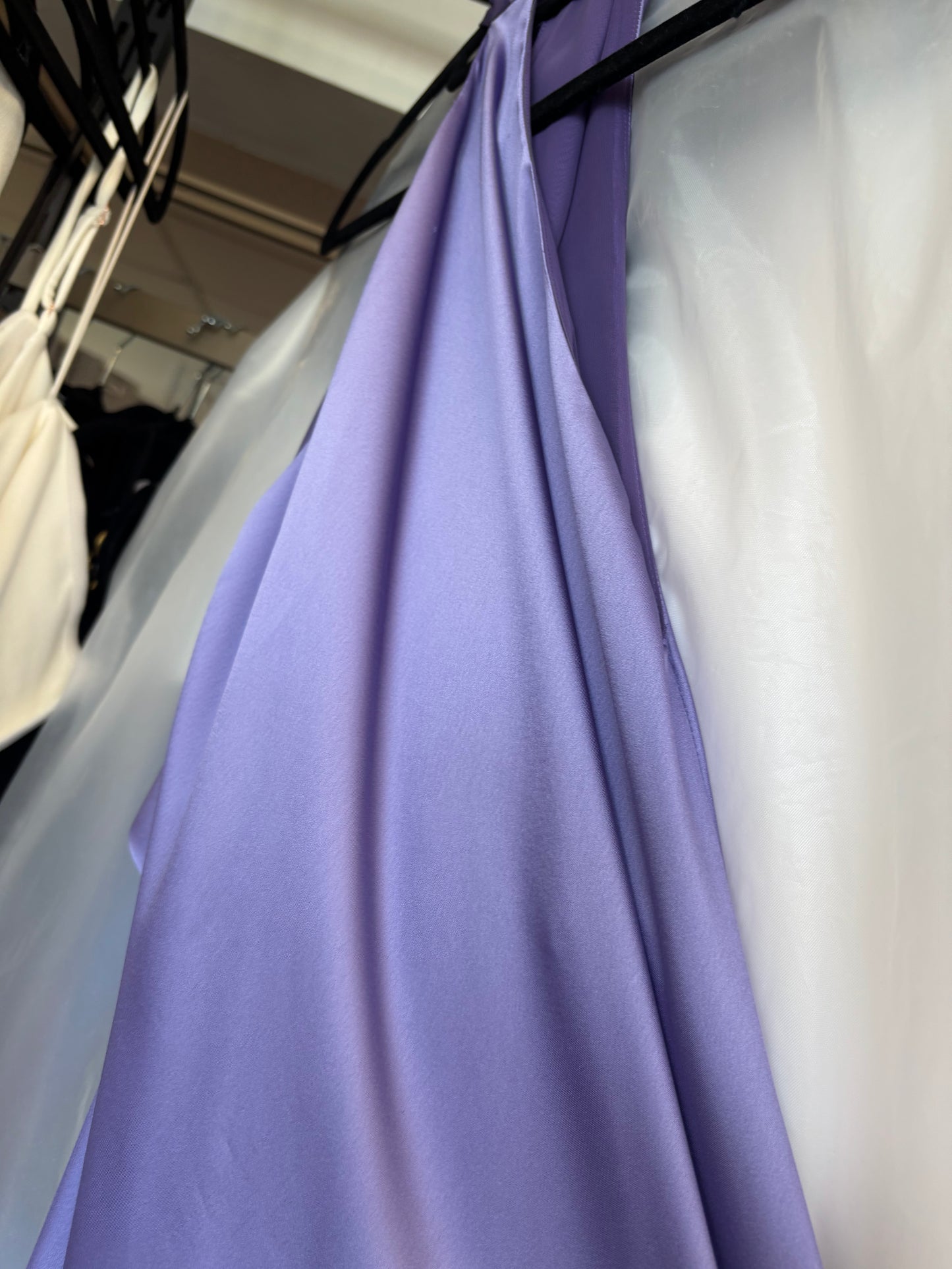 EX RENTAL Norma Kamali Bias-Cut Satin Halter Gown Purple Sz M