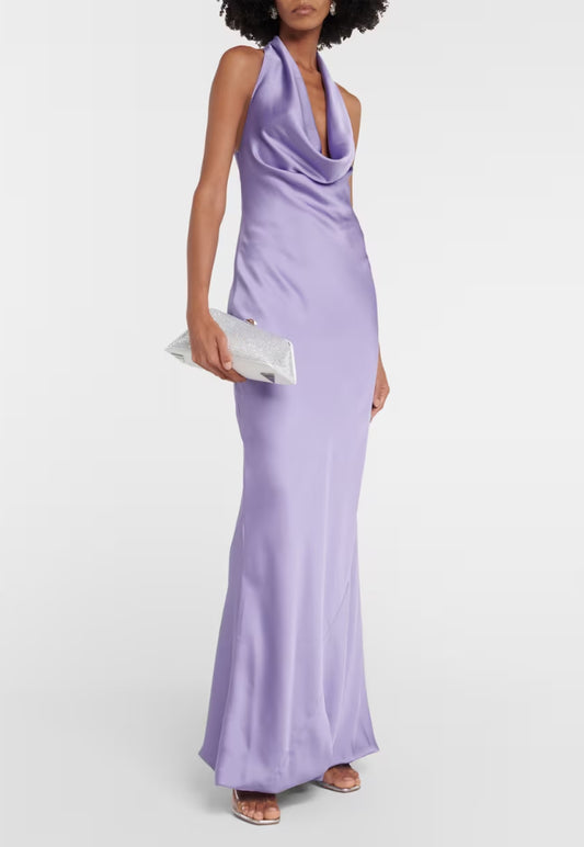 Norma Kamali Bias-Cut Satin Halter Gown Purple Sz M