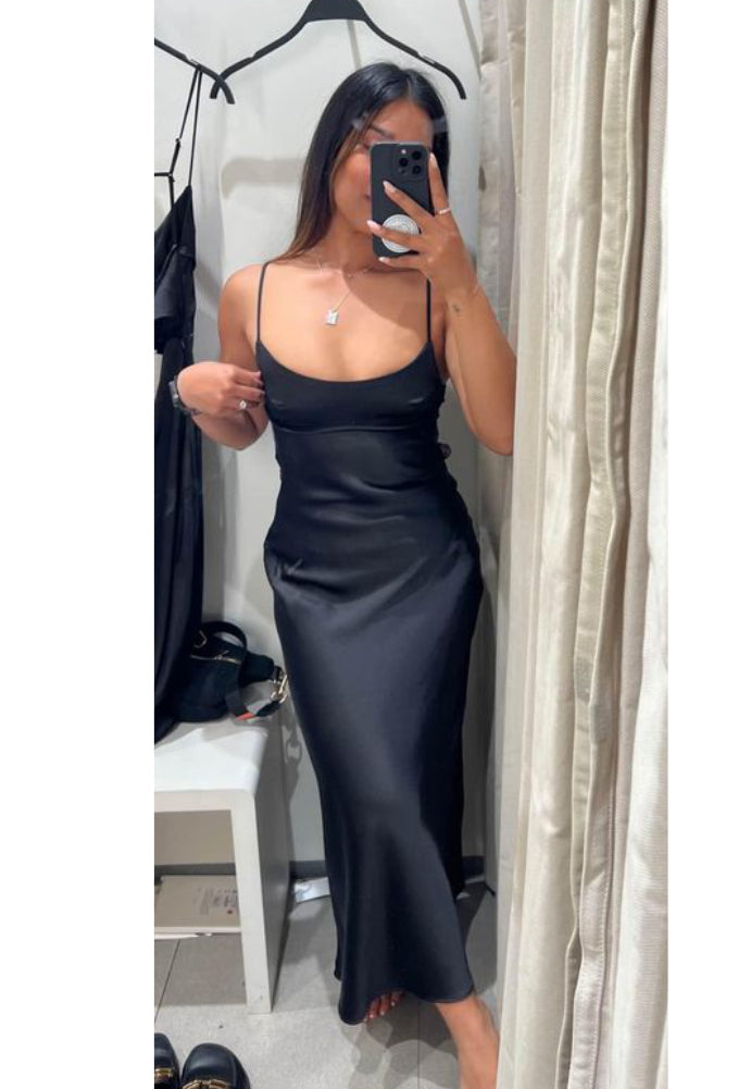 Zara satin effect slip dress black sz xs/s - Dress Rental NZ
